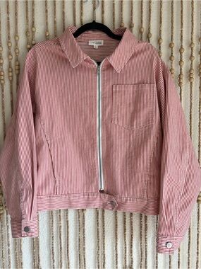 Sunday Edition Red White Stripe Nautical Preppy Coastal Long Sleeve Zip Jacket